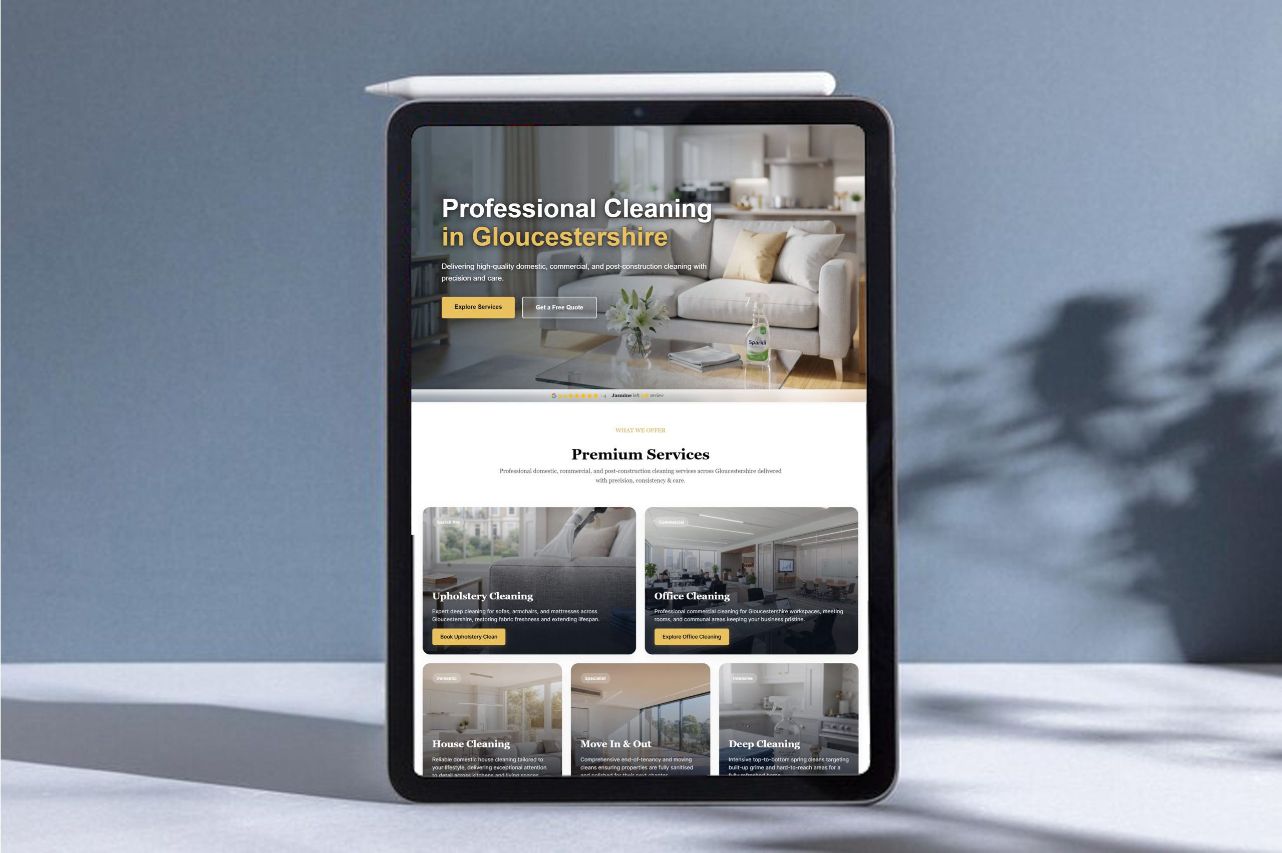 Sparkli Cleaning website on a tablet